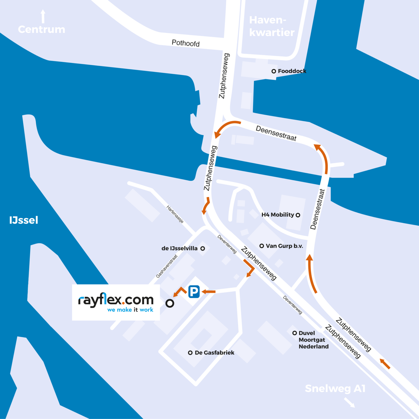 Routekaart naar RayFlexCom aan de Zutphenseweg in Deventer, vanaf de A1 via de sluis naar het terrein van de oude gasfabriek, met parkeerplaats